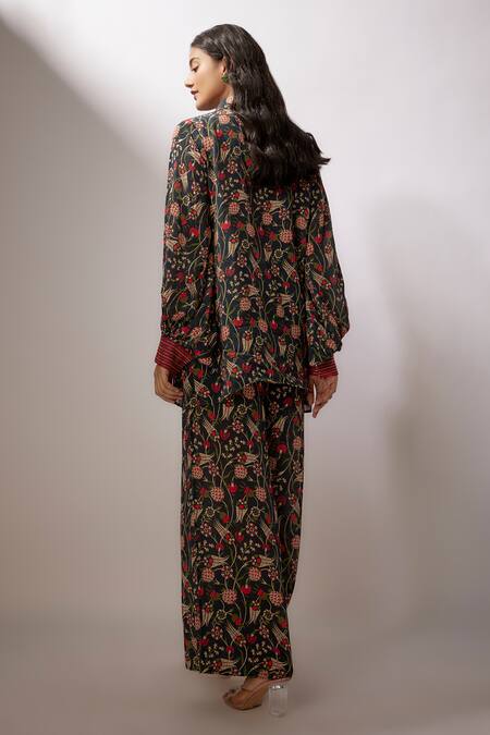 Shop_Nadima Saqib_Blue Crepe Sequins, Embroidery Collared Thread And Work Shirt & Pant Set _at_Aza_Fashions