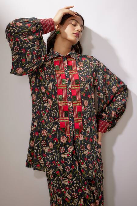 Nadima Saqib_Blue Crepe Sequins, Embroidery Collared Thread And Work Shirt & Pant Set _Online_at_Aza_Fashions