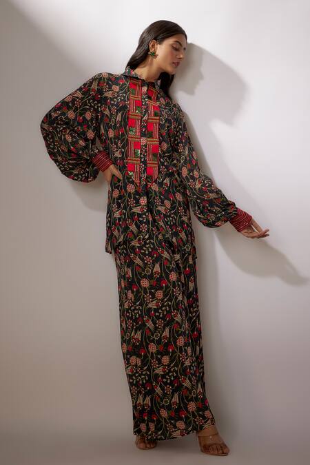 Shop_Nadima Saqib_Blue Crepe Sequins, Embroidery Collared Thread And Work Shirt & Pant Set _Online_at_Aza_Fashions