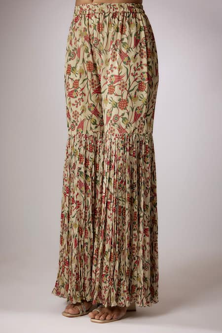 Nadima Saqib_Beige Crepe, Georgette, Net Sequins, Embroidery Floral Print Kurta Gharara Set _Online_at_Aza_Fashions