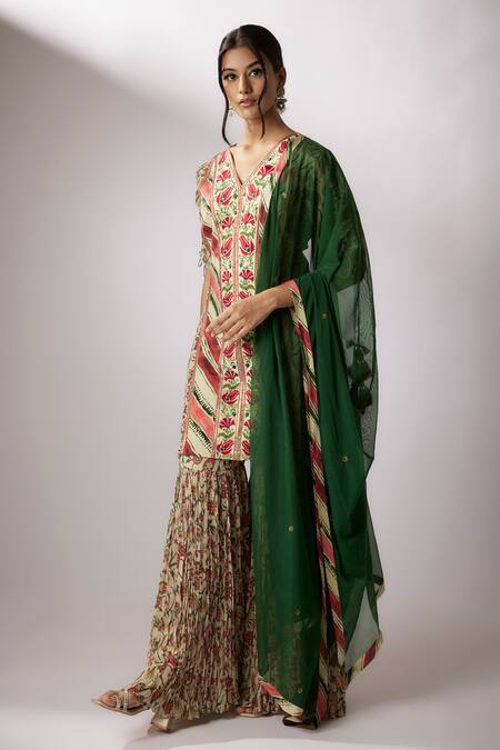 Buy_Nadima Saqib_Beige Crepe, Georgette, Net Sequins, Embroidery Floral Print Kurta Gharara Set _Online_at_Aza_Fashions