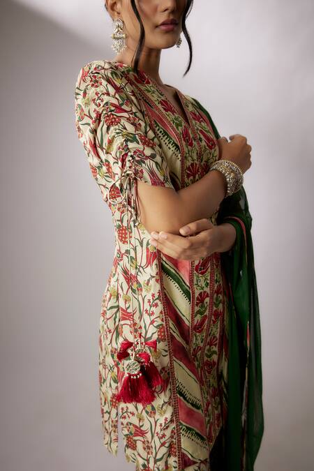 Shop_Nadima Saqib_Beige Crepe, Georgette, Net Sequins, Embroidery Floral Print Kurta Gharara Set _Online_at_Aza_Fashions