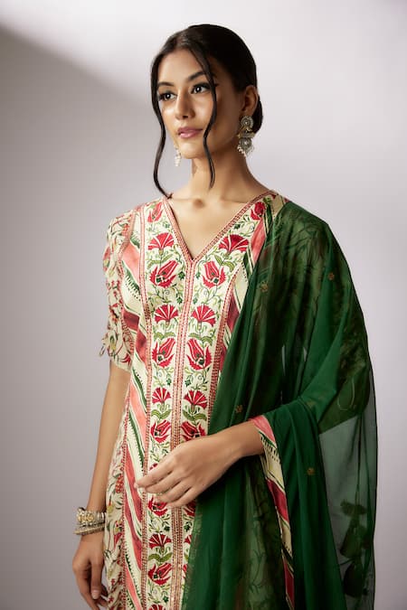 Nadima Saqib_Beige Crepe, Georgette, Net Sequins, Embroidery Floral Print Kurta Gharara Set _at_Aza_Fashions