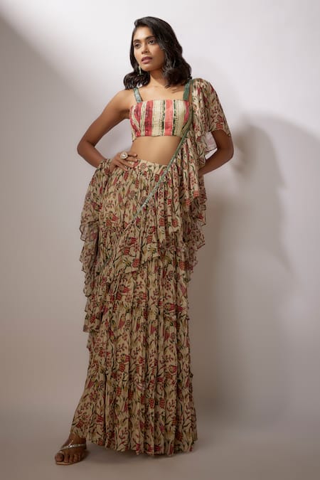 Nadima Saqib_Beige Georgette, Crepe Sequins Square Neck Pre-draped Printed Saree With Blouse _Online_at_Aza_Fashions