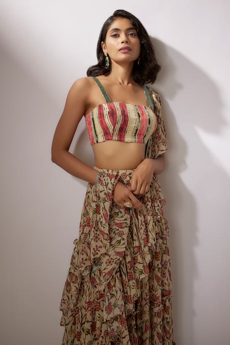 Buy_Nadima Saqib_Beige Georgette, Crepe Sequins Square Neck Pre-draped Printed Saree With Blouse _Online_at_Aza_Fashions