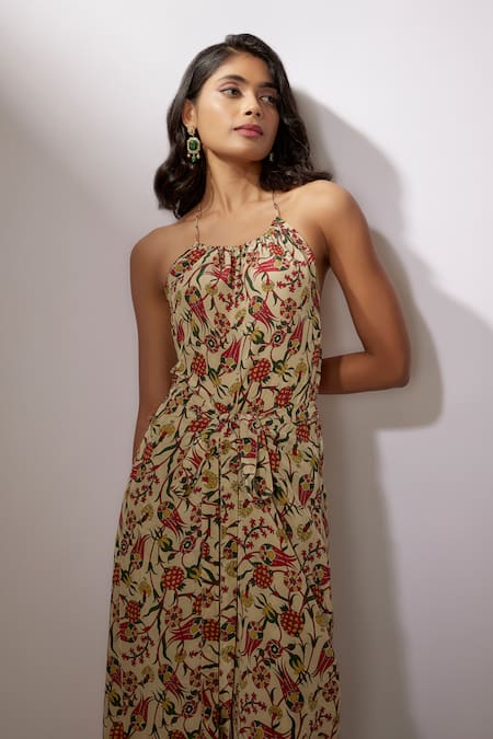 Nadima Saqib_Beige Crepe Tassels Halter Neck Printed Tie-up Jumpuit _Online_at_Aza_Fashions