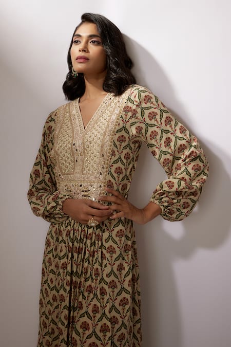 Buy_Nadima Saqib_Beige Crepe Embroidery V-neck Printed Kurta And Pant Set _Online_at_Aza_Fashions