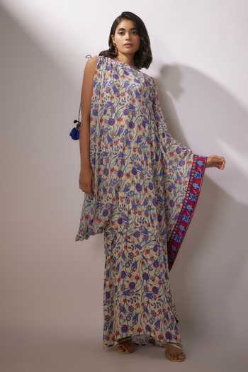 Buy Nadima Saqib Ivory Georgette Tassels Off-shoulder Floral Vine Print Kaftan at Aza Fashions Buy_Nadima Saqib_Ivory Georgette Tassels Off-shoulder Floral Vine Print Kaftan _at_Aza_Fashions