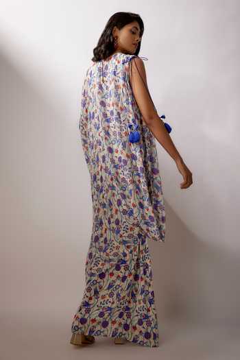 Shop Nadima Saqib Ivory Georgette Tassels Off-shoulder Floral Vine Print Kaftan at Aza Fashions Shop_Nadima Saqib_Ivory Georgette Tassels Off-shoulder Floral Vine Print Kaftan _at_Aza_Fashions