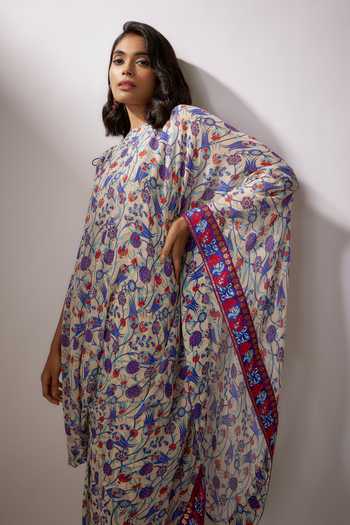 Nadima Saqib Ivory Georgette Tassels Off-shoulder Floral Vine Print Kaftan Online at Aza Fashions Nadima Saqib_Ivory Georgette Tassels Off-shoulder Floral Vine Print Kaftan _Online_at_Aza_Fashions