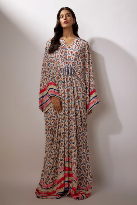 Nadima Saqib Ivory Crepe Printed V Neck Sequin Work Kaftan 