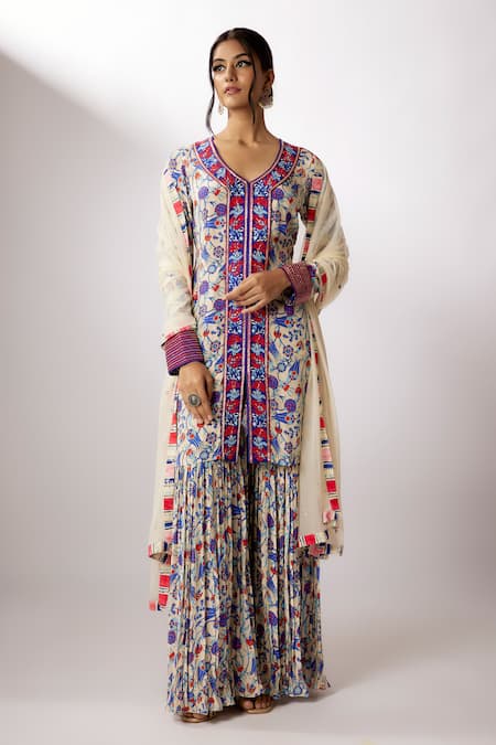 Nadima Saqib Ivory Crepe, Net Sequins, Embroidery Round Neck Thread And Work Kurta Gharara Set 