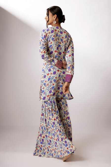 Shop Nadima Saqib Ivory Crepe, Net Sequins, Embroidery Round Neck Thread And Work Kurta Gharara Set at Aza Fashions Shop_Nadima Saqib_Ivory Crepe, Net Sequins, Embroidery Round Neck Thread And Work Kurta Gharara Set _at_Aza_Fashions