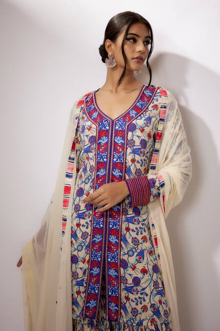 Buy Nadima Saqib Ivory Crepe, Net Sequins, Embroidery Round Neck Thread And Work Kurta Gharara Set Online at Aza Fashions Buy_Nadima Saqib_Ivory Crepe, Net Sequins, Embroidery Round Neck Thread And Work Kurta Gharara Set _Online_at_Aza_Fashions