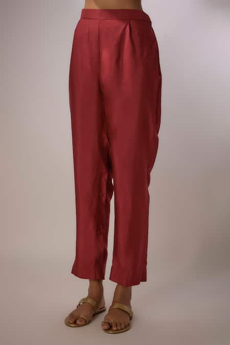 Shop Nadima Saqib Maroon Chanderi, Organza Embroidery, Zari Mandarin Zardosi Kurta Pant Set Online at Aza Fashions Shop_Nadima Saqib_Maroon Chanderi, Organza Embroidery, Zari Mandarin Zardosi Kurta Pant Set _Online_at_Aza_Fashions