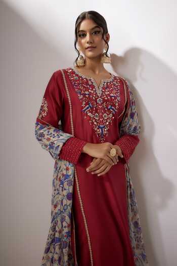 Nadima Saqib_Maroon Chanderi, Georgette Sequins, Pearls, Embroidery Zardosi Kurta Pant Set _Online_at_Aza_Fashions