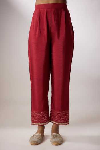 Buy_Nadima Saqib_Maroon Chanderi, Georgette Sequins, Pearls, Embroidery Zardosi Kurta Pant Set _Online_at_Aza_Fashions