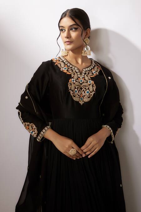 Nadima Saqib_Black Chanderi, Organza Pearls, Embroidered Anarkali With Badla Work Dupatta _at_Aza_Fashions