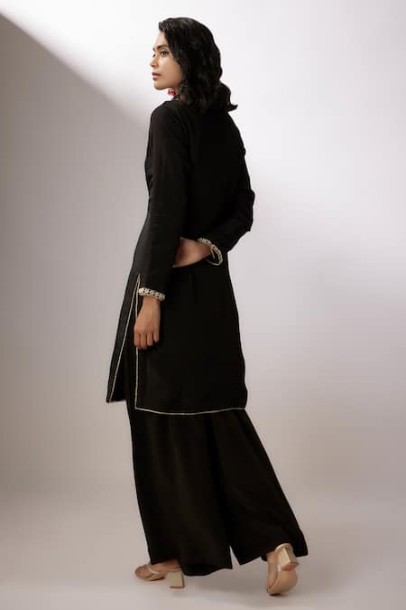 Shop Nadima Saqib Black Silk, Organza, Crepe Zari, Pearls Round Embroidered Kurta Flared Pant Set at Aza Fashions Shop_Nadima Saqib_Black Silk, Organza, Crepe Zari, Pearls Round Embroidered Kurta Flared Pant Set _at_Aza_Fashions