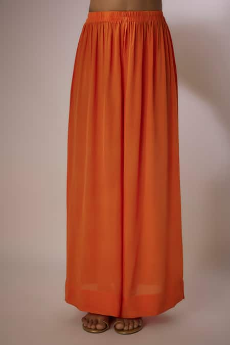 Nadima Saqib_Orange Chanderi, Crepe, Brocade Zari, Pearls Embroidered Kurta Flared Pant Set _Online_at_Aza_Fashions