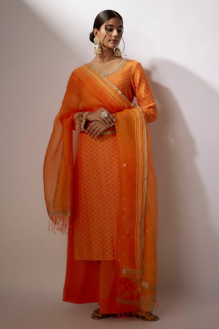 Buy_Nadima Saqib_Orange Chanderi, Crepe, Brocade Zari, Pearls Embroidered Kurta Flared Pant Set _Online_at_Aza_Fashions