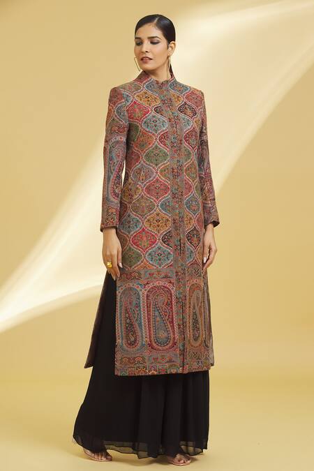 Samyukta Singhania Multi Color Cotton Blend Woven Mughal Ogee Pattern Round Jamawar Jacket Online at Aza Fashions Samyukta Singhania_Multi Color Cotton Blend Woven Mughal Ogee Pattern Round Jamawar Jacket_Online_at_Aza_Fashions