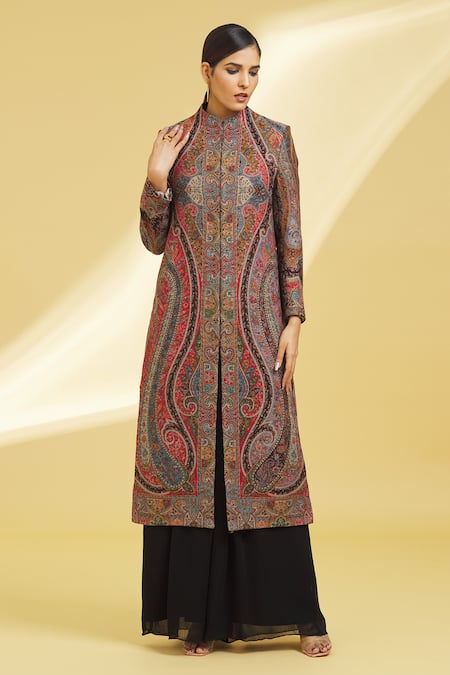 Buy_Samyukta Singhania_Multi Color Cotton Blend Woven Mughal Paisley Pattern Round Jamawar Jacket_Online_at_Aza_Fashions