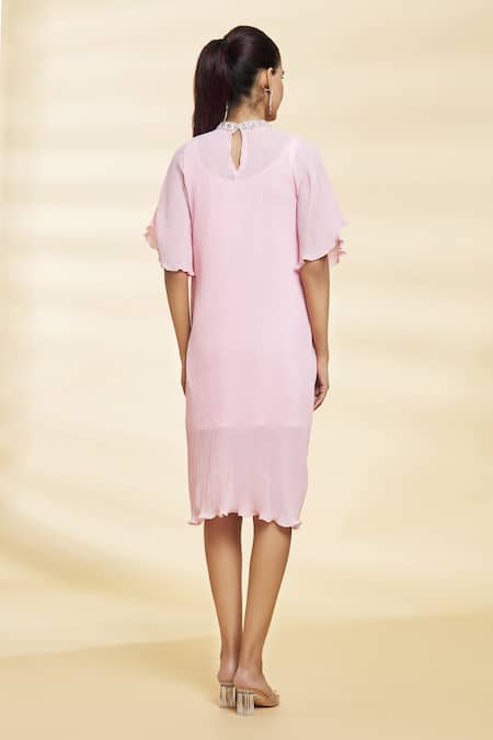 Shop Samyukta Singhania Pink Chiffon Crystals, Pearls Mandarin Twinkle Flared Sleeve Textured Dress at Aza Fashions Shop_Samyukta Singhania_Pink Chiffon Crystals, Pearls Mandarin Twinkle Flared Sleeve Textured Dress_at_Aza_Fashions