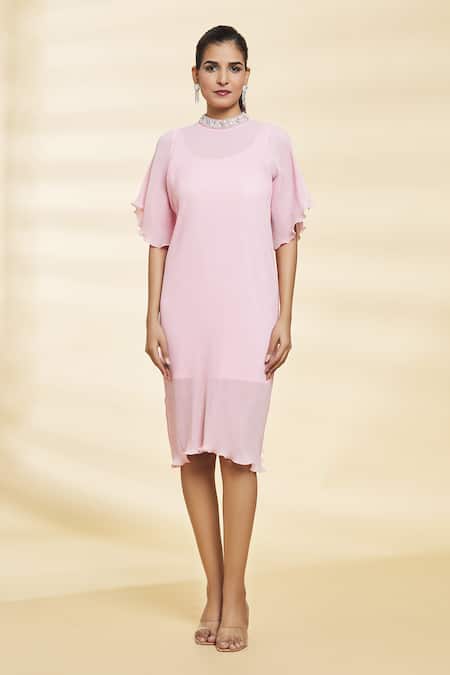 Samyukta Singhania Pink Chiffon Crystals, Pearls Mandarin Twinkle Flared Sleeve Textured Dress Online at Aza Fashions Samyukta Singhania_Pink Chiffon Crystals, Pearls Mandarin Twinkle Flared Sleeve Textured Dress_Online_at_Aza_Fashions