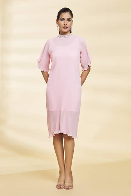 Buy Samyukta Singhania Pink Chiffon Crystals, Pearls Mandarin Twinkle Flared Sleeve Textured Dress Online at Aza Fashions Buy_Samyukta Singhania_Pink Chiffon Crystals, Pearls Mandarin Twinkle Flared Sleeve Textured Dress_Online_at_Aza_Fashions