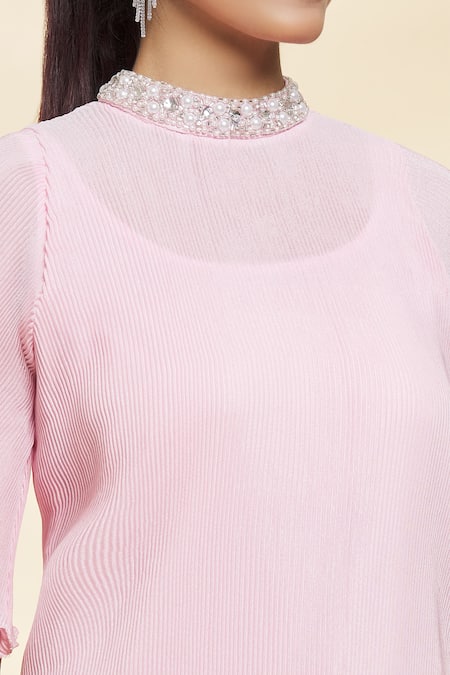 Shop Samyukta Singhania Pink Chiffon Crystals, Pearls Mandarin Twinkle Flared Sleeve Textured Dress Online at Aza Fashions Shop_Samyukta Singhania_Pink Chiffon Crystals, Pearls Mandarin Twinkle Flared Sleeve Textured Dress_Online_at_Aza_Fashions