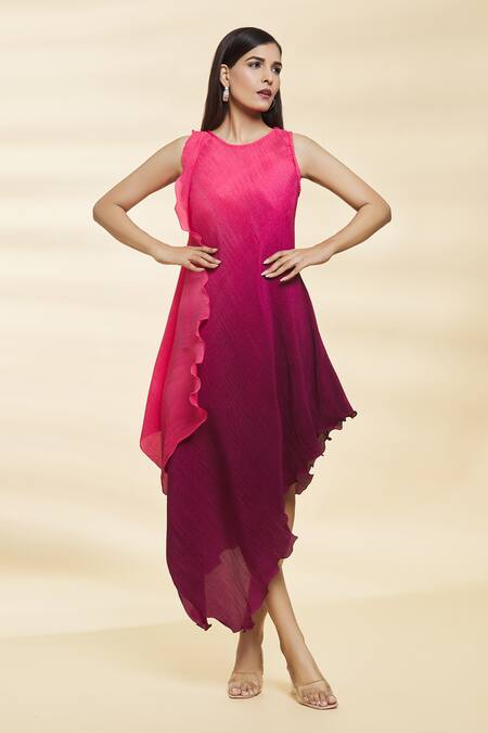 Naintara Bajaj Pink Chinon Plain Round Neck Elsa Ombre Pleated Dress