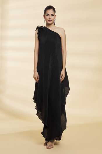 Naintara Bajaj_Black Chinon Plain Asymmetric Neck Curly Pleated Dress_Online_at_Aza_Fashions