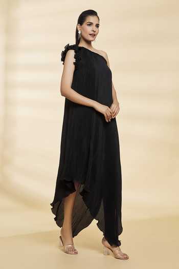 Buy_Naintara Bajaj_Black Chinon Plain Asymmetric Neck Curly Pleated Dress_Online_at_Aza_Fashions