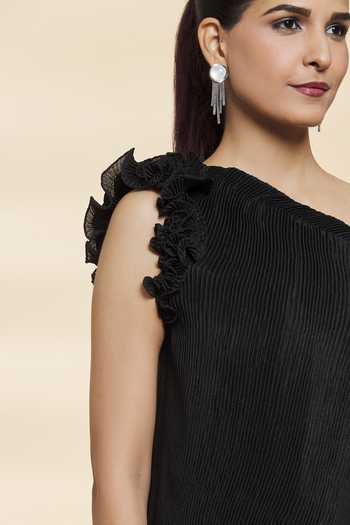 Shop_Naintara Bajaj_Black Chinon Plain Asymmetric Neck Curly Pleated Dress_Online_at_Aza_Fashions