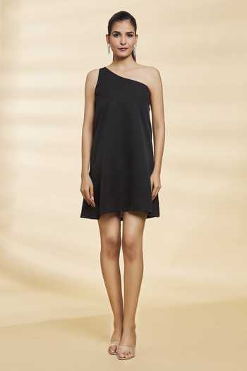 Naintara Bajaj_Black Chinon Plain Asymmetric Neck Curly Pleated Dress_at_Aza_Fashions