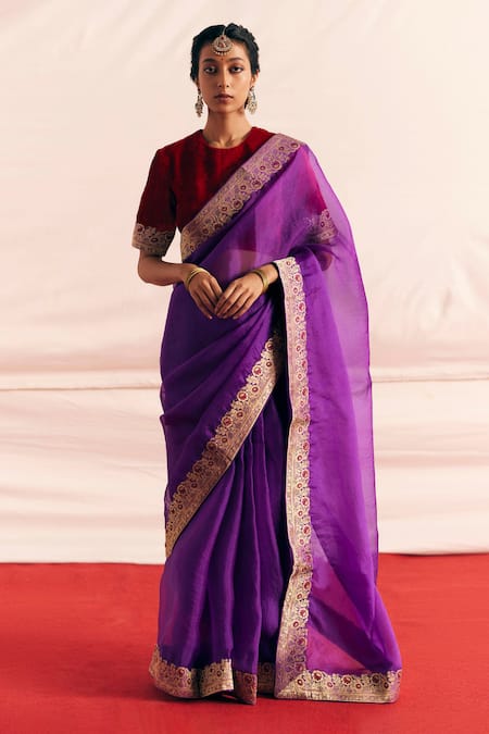 Mimamsaa Red Silk Velvet Woven And Hand Embroidered Floral Pattern Husna Bordered Blouse Online at Aza Fashions Mimamsaa_Red Silk Velvet Woven And Hand Embroidered Floral Pattern Husna Bordered Blouse _Online_at_Aza_Fashions