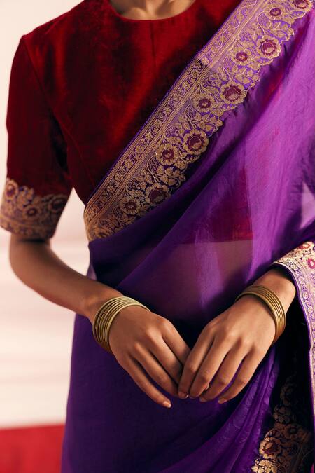 Buy Mimamsaa Red Silk Velvet Woven And Hand Embroidered Floral Pattern Husna Bordered Blouse Online at Aza Fashions Buy_Mimamsaa_Red Silk Velvet Woven And Hand Embroidered Floral Pattern Husna Bordered Blouse _Online_at_Aza_Fashions