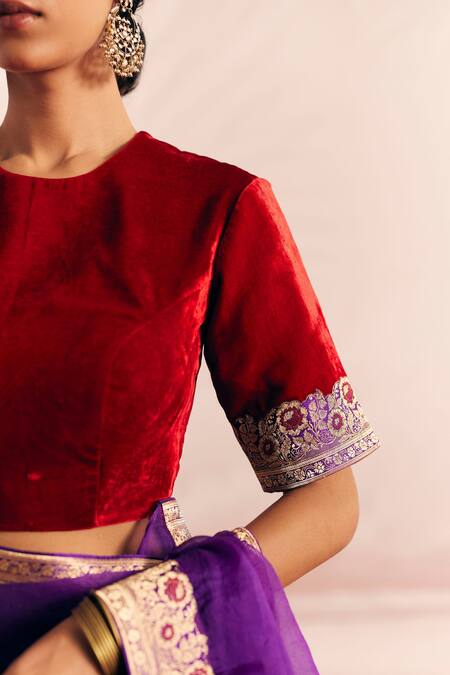 Shop Mimamsaa Red Silk Velvet Woven And Hand Embroidered Floral Pattern Husna Bordered Blouse Online at Aza Fashions Shop_Mimamsaa_Red Silk Velvet Woven And Hand Embroidered Floral Pattern Husna Bordered Blouse _Online_at_Aza_Fashions