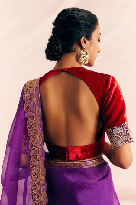 Mimamsaa Red Silk Velvet Woven And Hand Embroidered Floral Pattern Husna Bordered Blouse at Aza Fashions Mimamsaa_Red Silk Velvet Woven And Hand Embroidered Floral Pattern Husna Bordered Blouse _at_Aza_Fashions