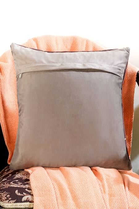 Buy_Mid July Home_Brown Premium Velvet Hand Embroidery Flower Cushion Cover_Online_at_Aza_Fashions
