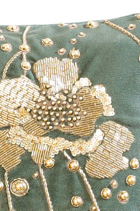 Shop Mid July Home Green Premium Velvet Hand Embroidery Gilded Cushion Cover at Aza Fashions Shop_Mid July Home_Green Premium Velvet Hand Embroidery Gilded Cushion Cover_at_Aza_Fashions