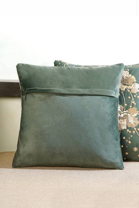 Buy Mid July Home Green Premium Velvet Hand Embroidery Gilded Cushion Cover Online at Aza Fashions Buy_Mid July Home_Green Premium Velvet Hand Embroidery Gilded Cushion Cover_Online_at_Aza_Fashions