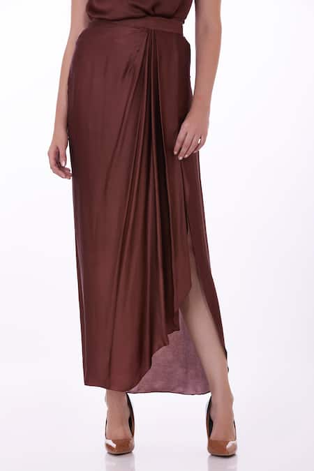 Dilnaz_Brown Polyester, Satin Pleated Draped Skirt_Online_at_Aza_Fashions