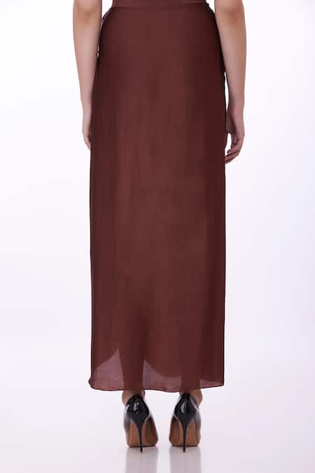 Buy_Dilnaz_Brown Polyester, Satin Pleated Draped Skirt_Online_at_Aza_Fashions