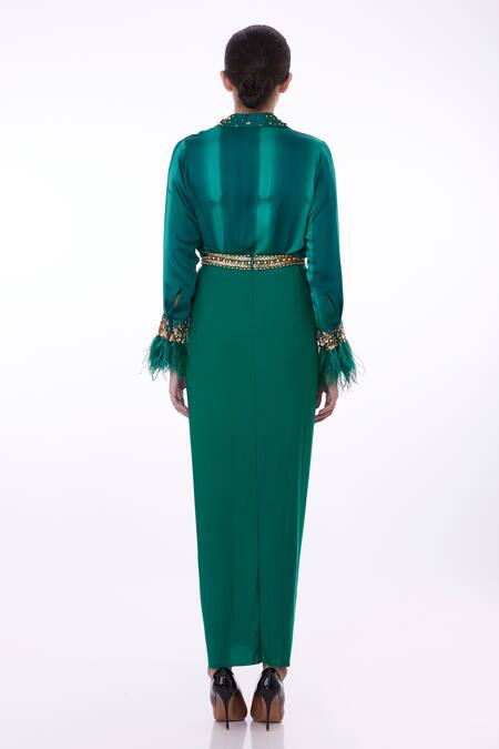 Shop Dilnaz Emerald Green Lycra Sequins, Beads Placement Embroidered Pleated Draped Skirt at Aza Fashions Shop_Dilnaz_Emerald Green Lycra Sequins, Beads Placement Embroidered Pleated Draped Skirt_at_Aza_Fashions