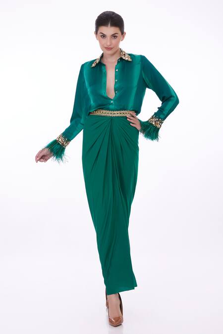 Dilnaz Emerald Green Lycra Sequins, Beads Placement Embroidered Pleated Draped Skirt Online at Aza Fashions Dilnaz_Emerald Green Lycra Sequins, Beads Placement Embroidered Pleated Draped Skirt_Online_at_Aza_Fashions
