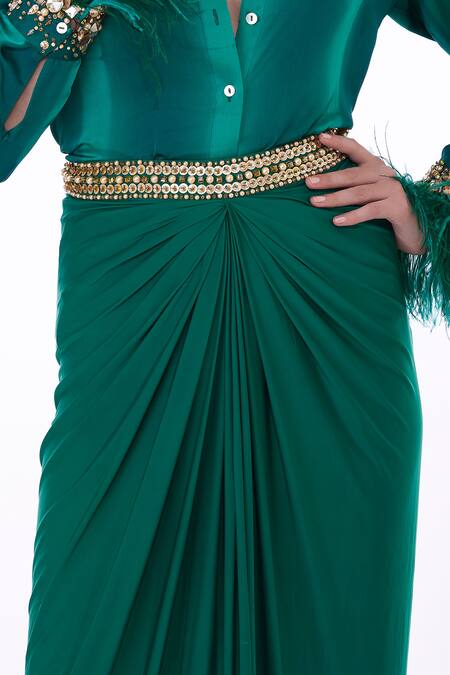 Buy Dilnaz Emerald Green Lycra Sequins, Beads Placement Embroidered Pleated Draped Skirt Online at Aza Fashions Buy_Dilnaz_Emerald Green Lycra Sequins, Beads Placement Embroidered Pleated Draped Skirt_Online_at_Aza_Fashions