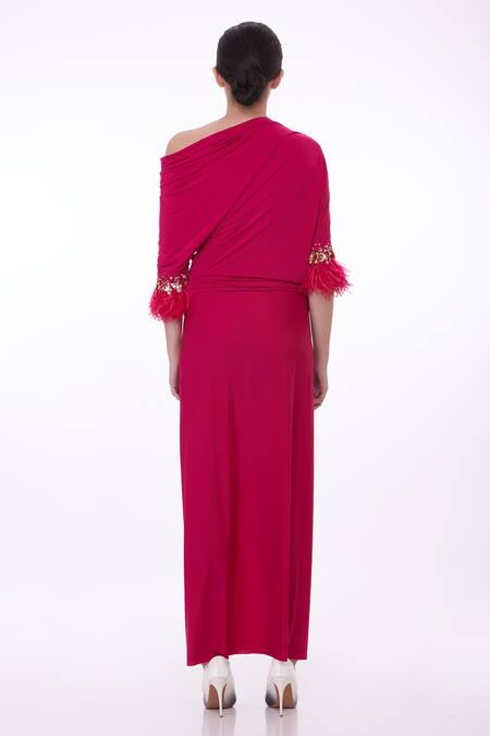 Shop Dilnaz Red Lycra Hand Embroidered Floral Pleated Draped Top And Skirt Set at Aza Fashions Shop_Dilnaz_Red Lycra Hand Embroidered Floral Pleated Draped Top And Skirt Set _at_Aza_Fashions