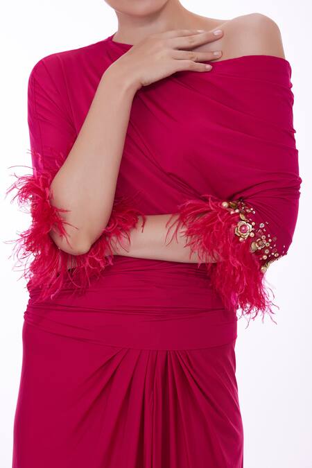 Buy Dilnaz Red Lycra Hand Embroidered Floral Pleated Draped Top And Skirt Set Online at Aza Fashions Buy_Dilnaz_Red Lycra Hand Embroidered Floral Pleated Draped Top And Skirt Set _Online_at_Aza_Fashions